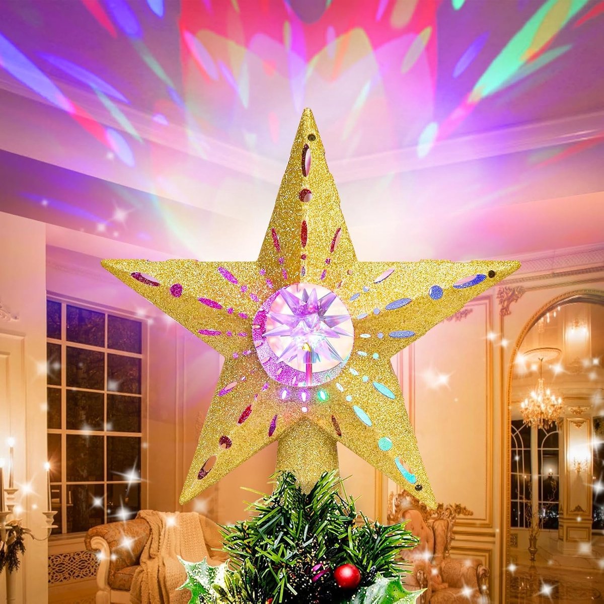 Kerstboom Topper Ster met 3D Stereoscopische Roterende Projectie en Oogverblindende Lampjes voor Kerstboomdecoratie Lichte Kerstboom Topper Cadeau - Goud