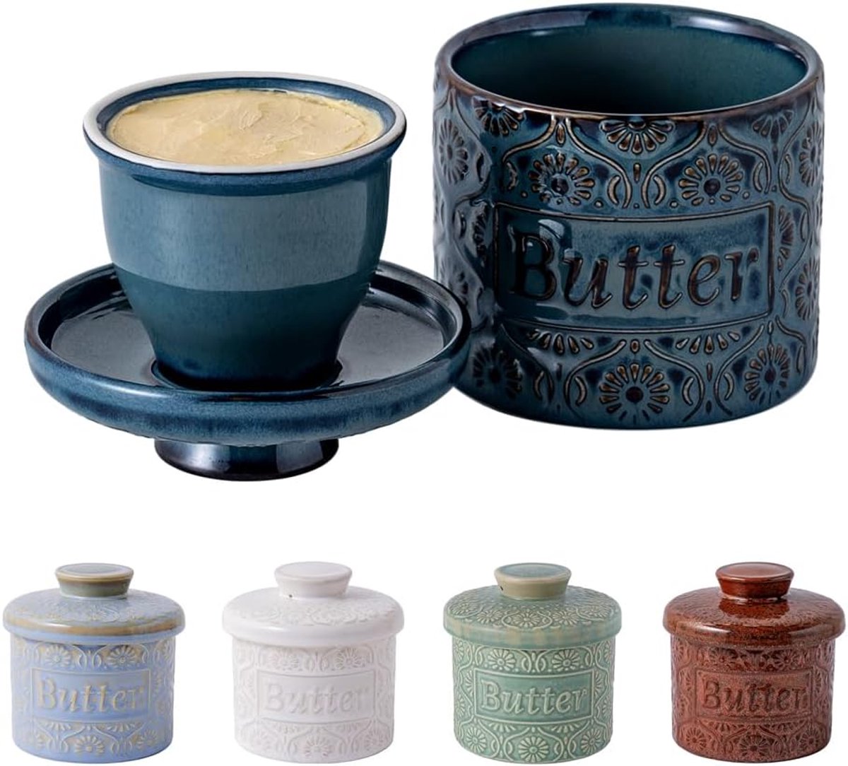 Franse Botervloot - Vintage Reliëf Botopot voor Aanrecht met Waterslot - 200ml Midnight Blue Boterhouder voor Verse Smeerbare Boter - Landelijke Keuken Decoratie & Cadeau