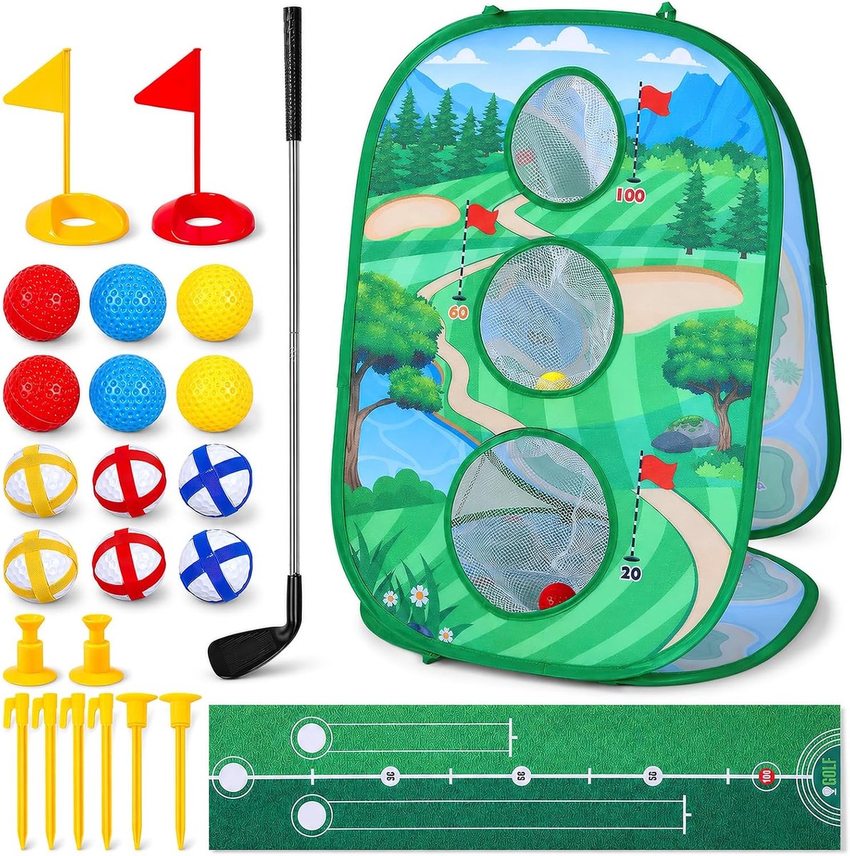 Golfset, 3-in-1 set, wedstrijdgolfset voor binnen en buiten, minigolf, voor kinderen en volwassenen, met puttingmat en 3-zijdig chipping-net, ontwikkelt vaardigheden