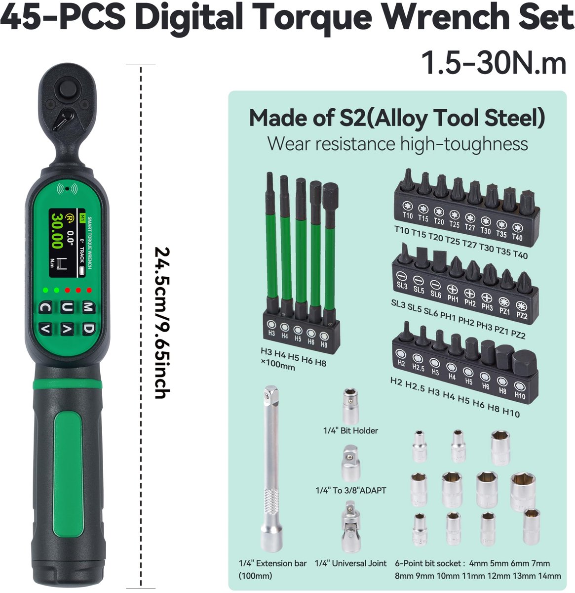 Digitale momentsleutel 1/4 inch - 1,5-30 Nm - met draaihoek en real-time graphics - perfect voor fietsreparaties - ShopVlot