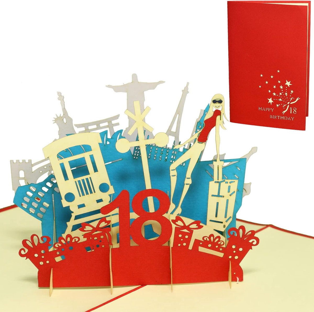 UP 3D wenskaart verjaardagskaart, 18e verjaardag 18 feest, meisjes, rood, N17