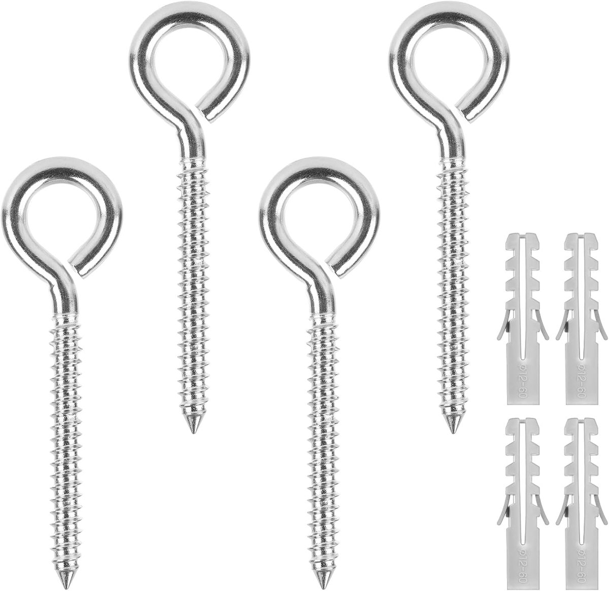 4 stuks M8-105 mm oogschroef roestvrij staal, heavy duty schroefhaken, haken met pluggen, haakschroeven, plafondhaken, haakschroef voor hangende planten, vogelhuisjes, hangmatten, luifels