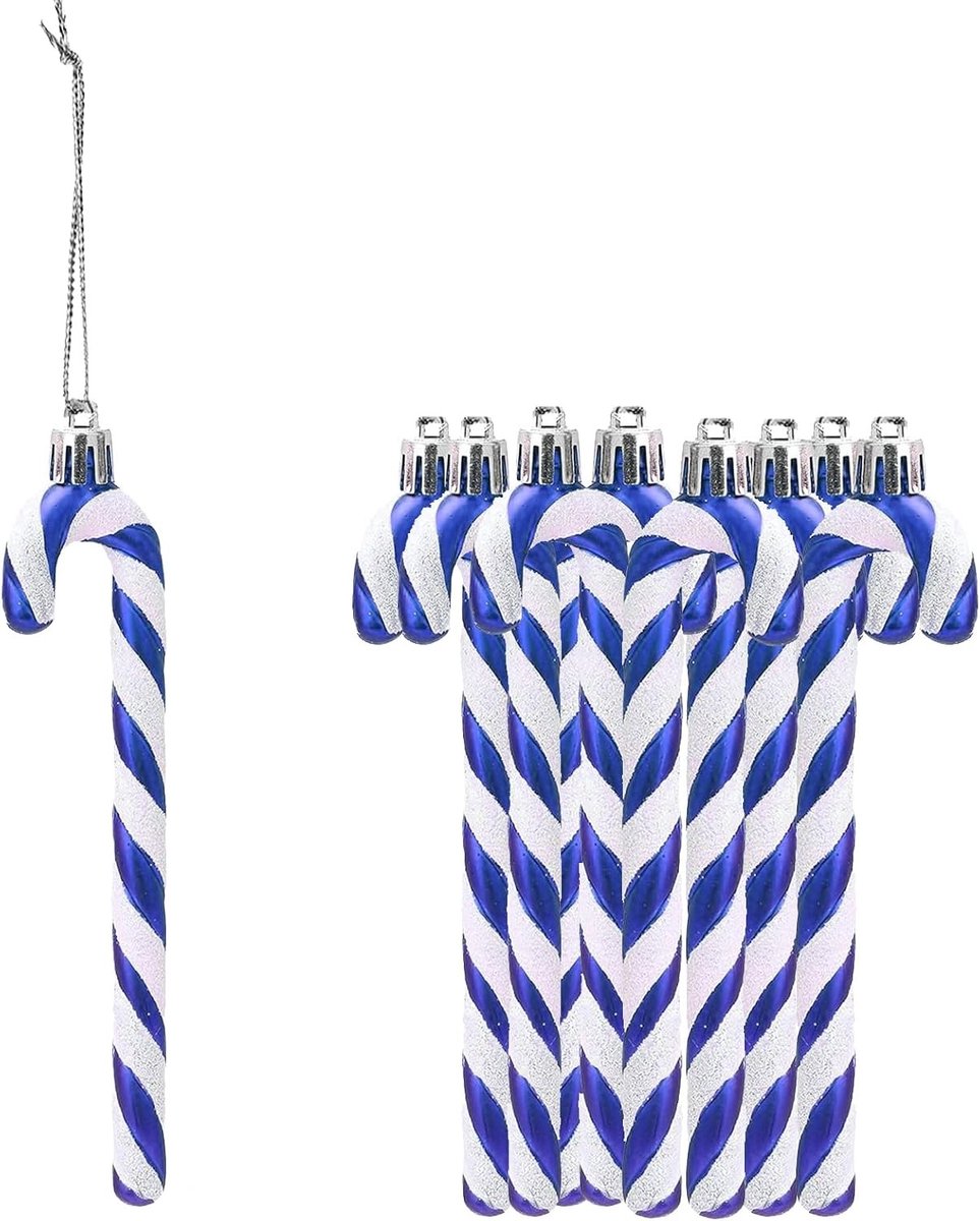 Glitterende Suikerstok Kerstboomdecoraties - 12 Stuks Plastic Hang Ornamenten voor Feestdagen en Kerstversiering in Blauw