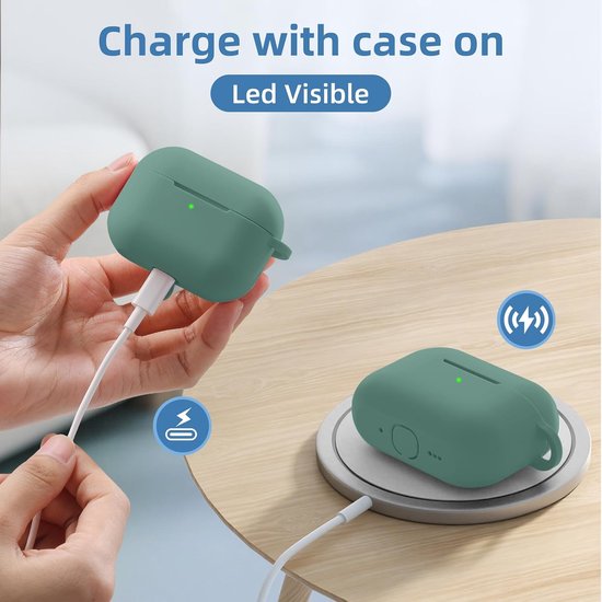 Compatibel met Apple AirPods Pro 3 hoes, zachte siliconen, stootvaste beschermhoes voor AirPods Pro 3 generatie, case cover 2025 met reinigingskit en karabijnhaak [led zichtbaar], dennengroen — afbeelding 3