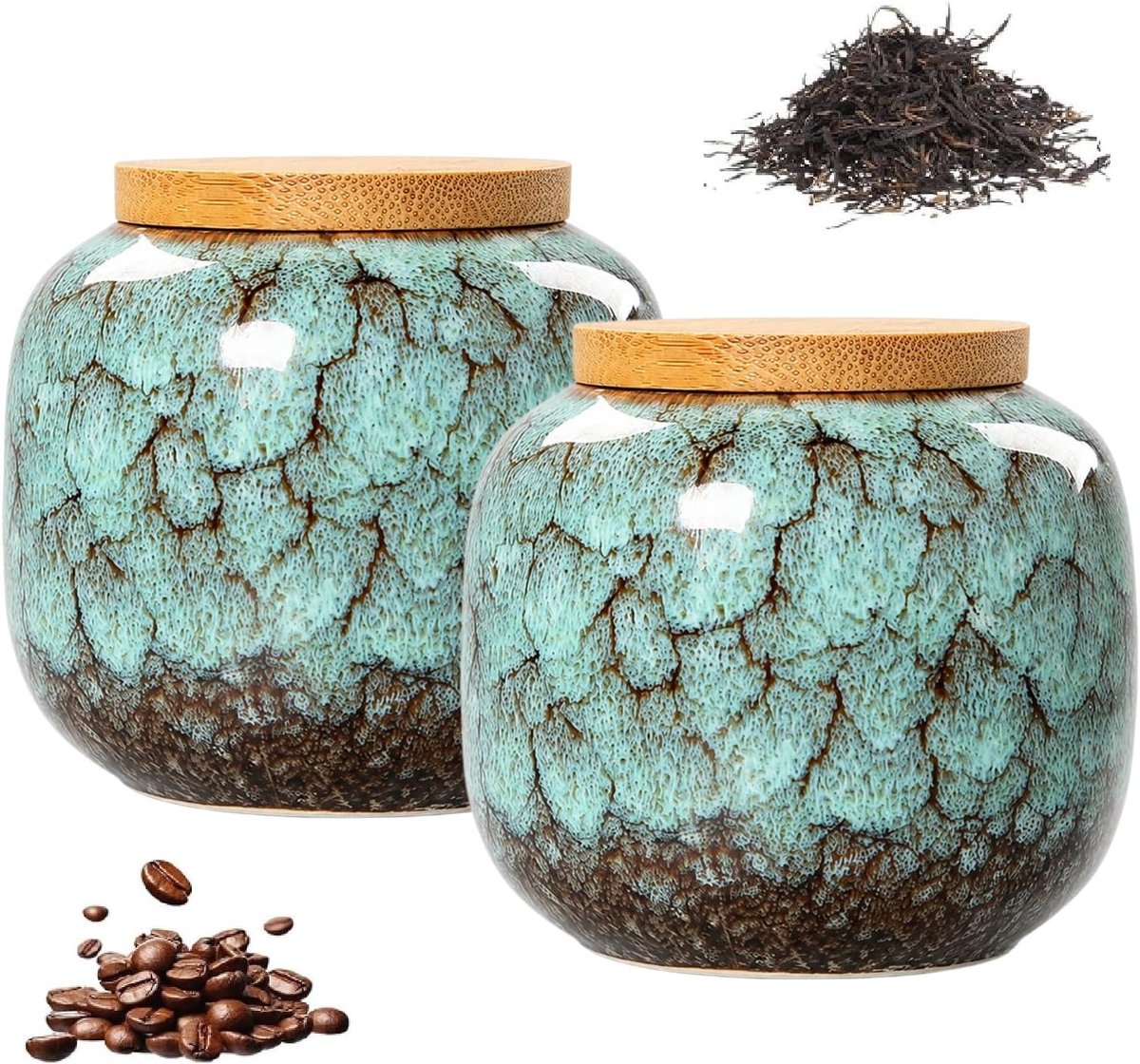 2 stuks keramische voorraaddozen voor levensmiddelen, luchtdichte keramische doos met deksel van bamboe, opbergdoos, vintage theedoos, keramische theepotten, bewaardoos in de keuken voor koffie, thee
