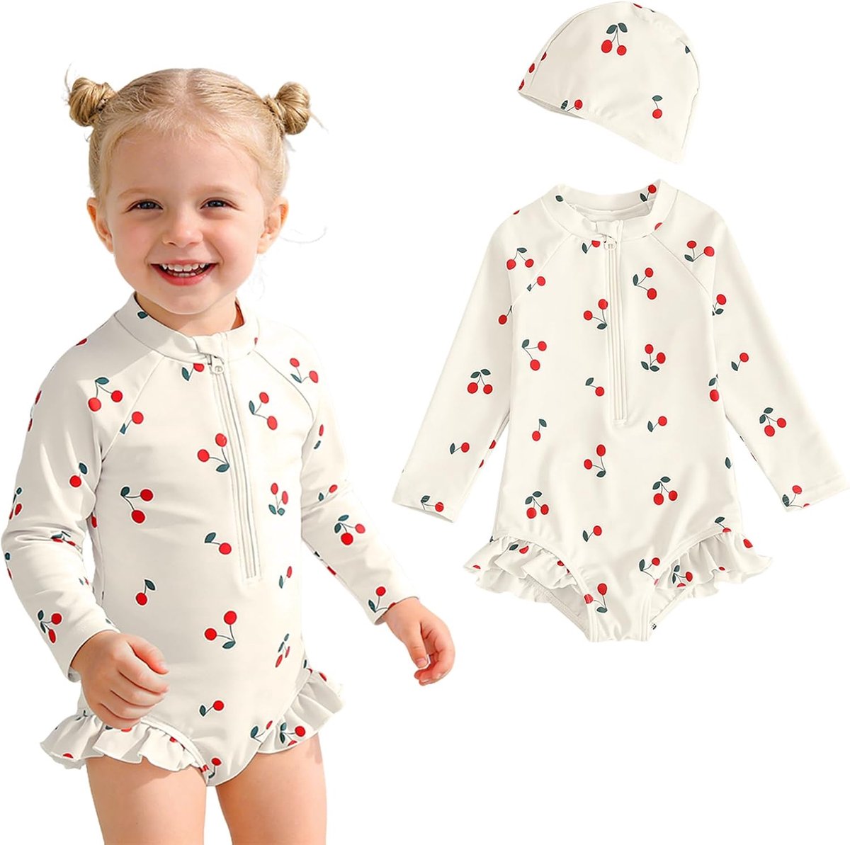 Babymeisjeszwempak met badmuts Babyzwempak met kersenprint en lange mouwen Peuterzwempak met zonbescherming en ritssluiting aan de voorkant Eendelig zwempak