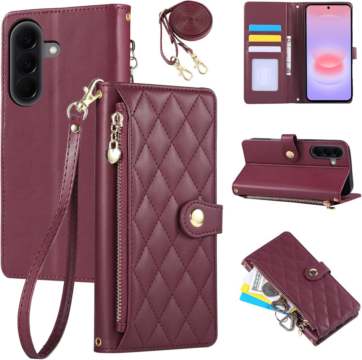 Hoes voor mobiele telefoon voor Samsung Galaxy A37 5G 2026 6,7 inch, telefoonhoes van PU-leer met ruitvormig borduurwerk, Galaxy A37 hoes met polsband en lange draagriem, rood
