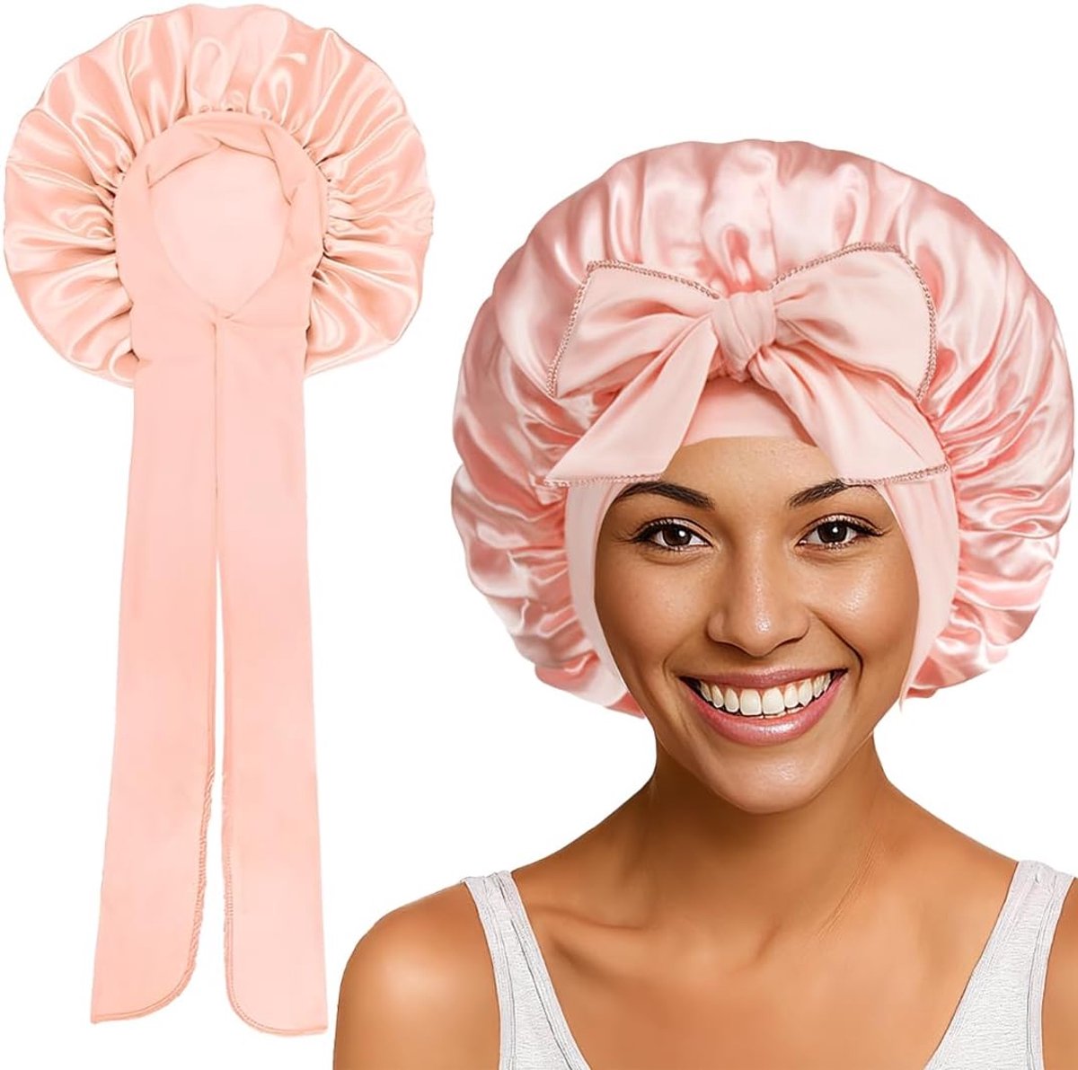Nachtmuts voor dames van 100% moerbeizijde, zacht en comfortabel, dubbellaags, met verstelbare band, nachthaar, voor slapen, zijden bonnet, lichtroze