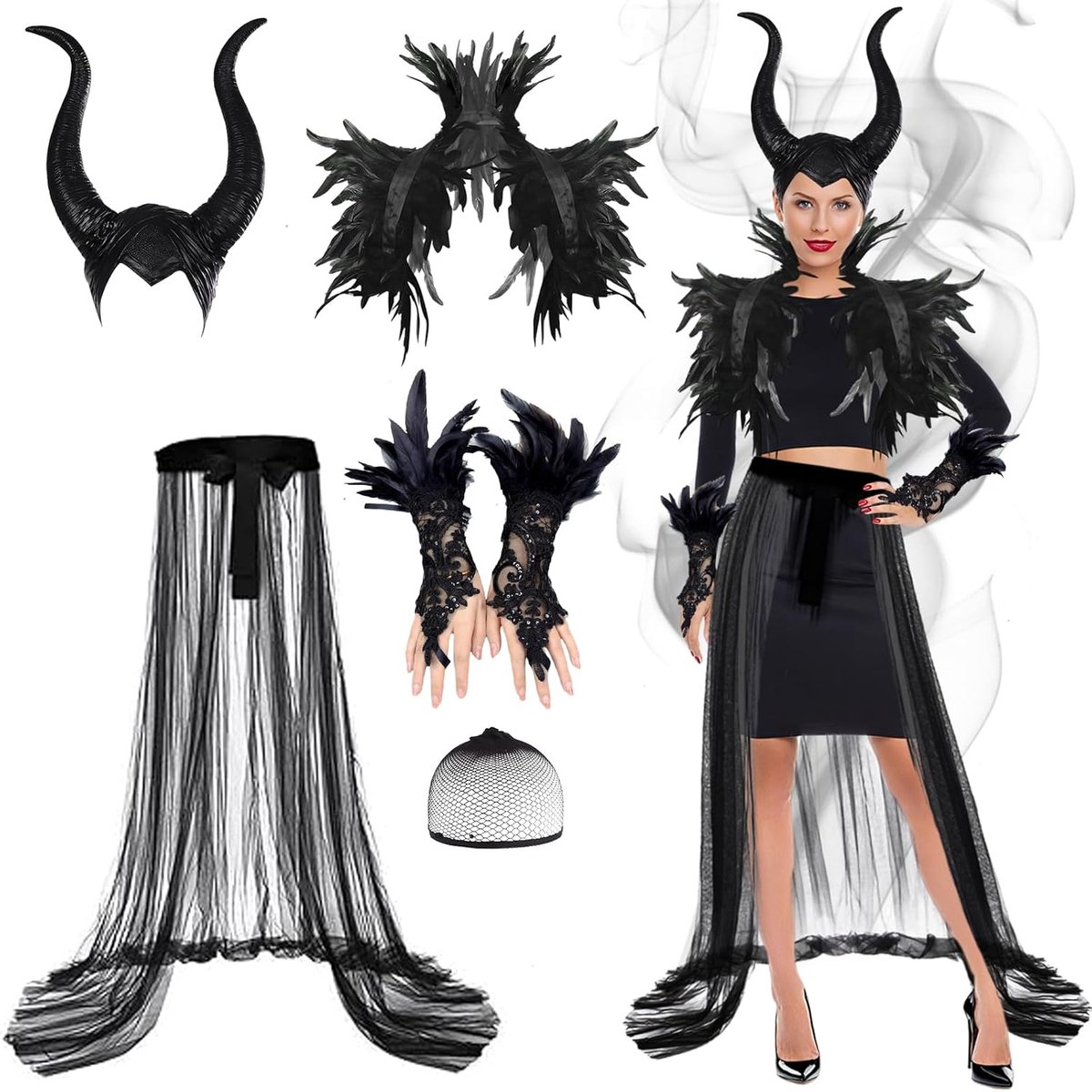 Dameskostuum, Halloween-kostuum voor volwassenen, Maleficent hoorns met zwarte verensjaal, gothic kostuum voor dames, Halloween, middeleeuwse kleding voor vrouwen, carnaval, party, cosplay