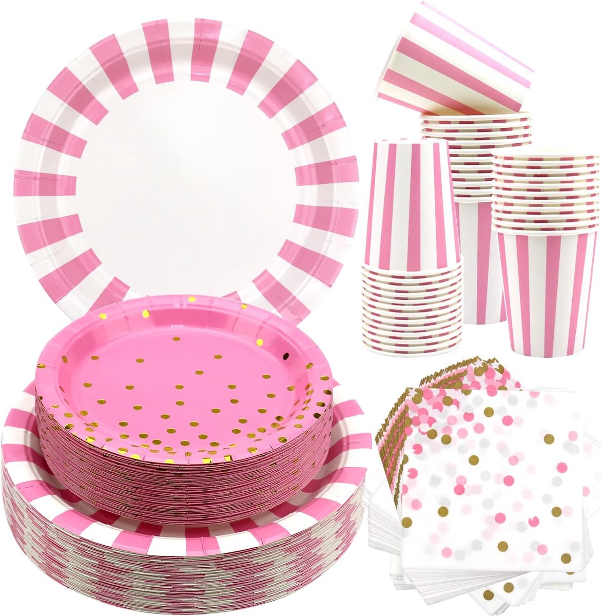 Gestreept servies, feestaccessoires omvat borden, servetten, papieren bekers voor verjaardagsfeesten, afstudeerfeesten, bruiloften, babyshower (roze 40)