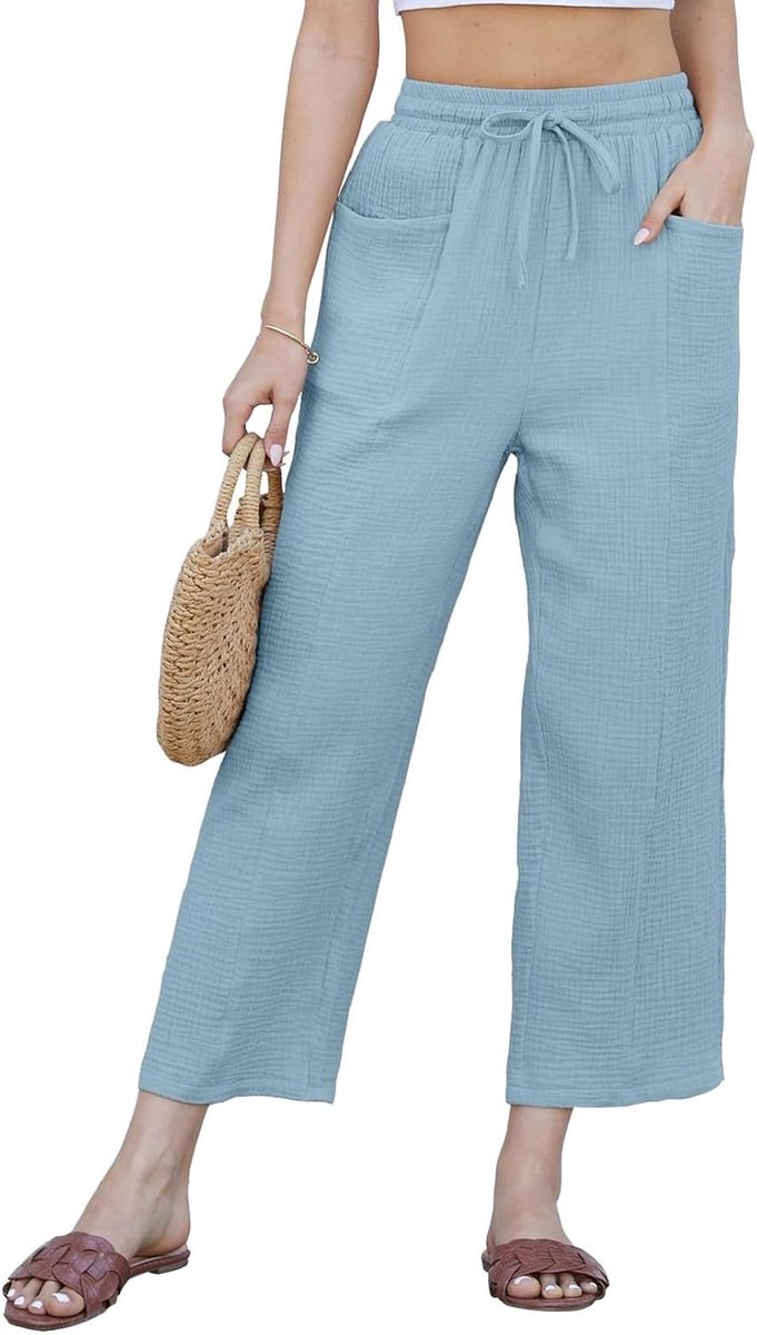Zomerbroek voor dames, van katoen, linnen, vrijetijdsbroek met brede pijpen, lichte 3/4-broek, elastische tailleband met trekkoord en zakken, elegant, effen, broek