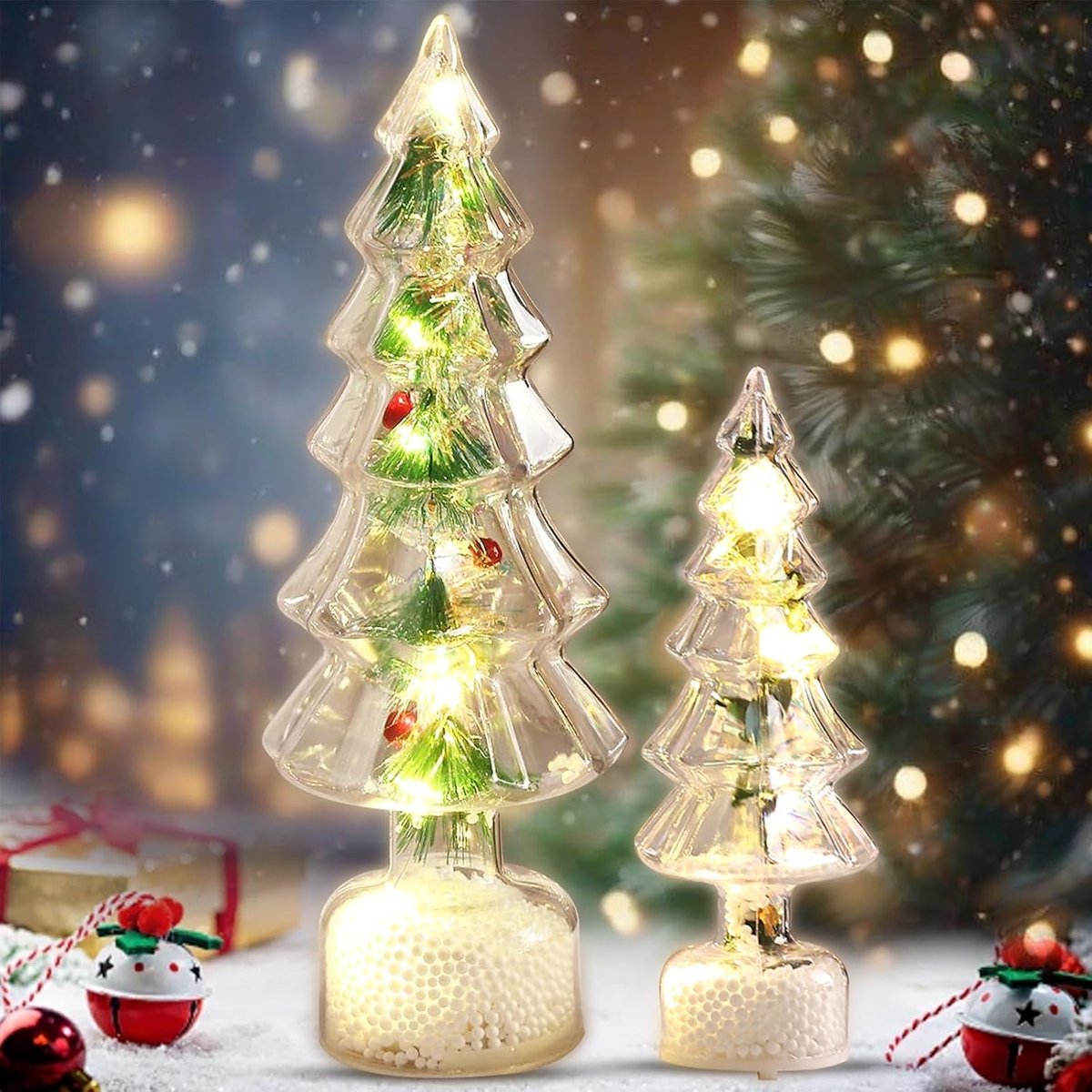 Mini-kerstboom met LED, 2 stuks kunstkerstboom, kleine glazen kerstboom, tafelkerstboom, kerstboom met verlichting, decoratie voor binnen, huis, feest, kerstdecoratie (C)