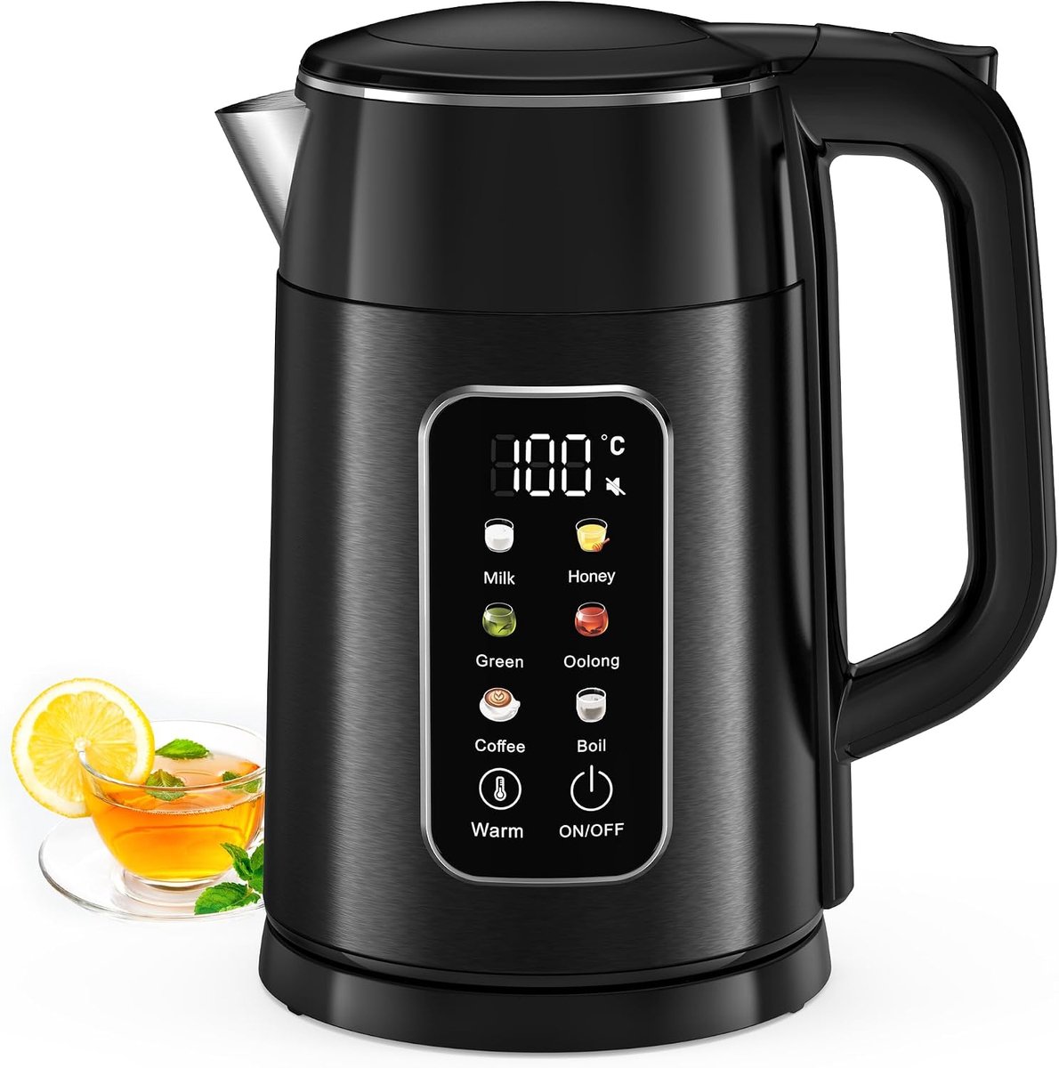 Waterkoker met temperatuurinstelling, 1,7 l, 2200 W, roestvrij staal, zwart, met 6 temperatuurniveaus, kleurendisplay, 2 uur warmhoudfunctie, elektrische theekoker, dubbelwandig, BPA-vrij, voor