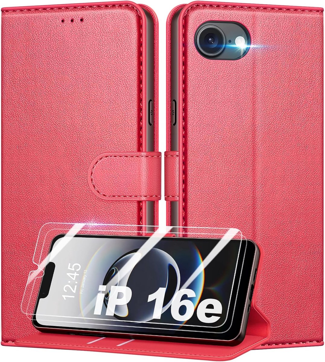 Beschermhoes voor iPhone 16e + 2 stuks gehard glas, [RFID-blokkering] premium beschermhoes van PU-leer, [Kaartsleuven] Portefeuille Klaphoes - Rood