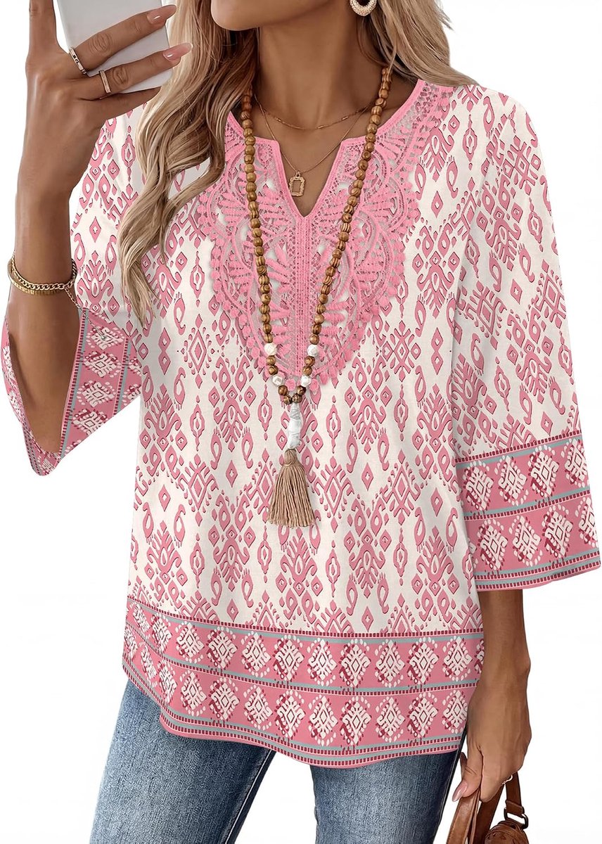 Dames tops 3/4 mouw Boho Shirt Kant V-hals Blouse Zomerkleding