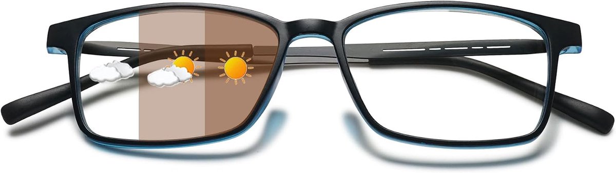 Zelfkleurende Leesbril Heren en Dames, Blauwlichtfilter, Fotochroom, Leeshulp, Rechthoekig, UV-Bescherming, Zichthulp, Flexibel, Volledig Scherm, Zonnebril Met Gezichtssterkte 2.5 Dioptrieën