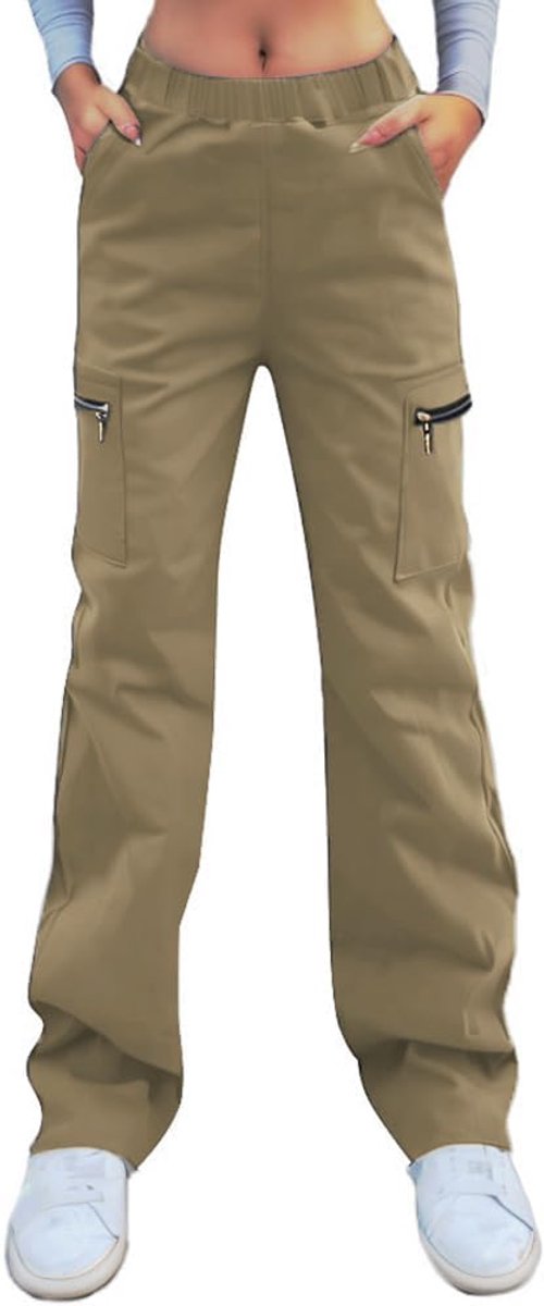 Vrouwen Wijde Pijpen Combat Cargo Broek met Rits Zakken Stretch Hoge Taille Werk Lange Lange Broek Losse Fit Lounge Wear Y2K Tiener Meisjes Streetwear Casual