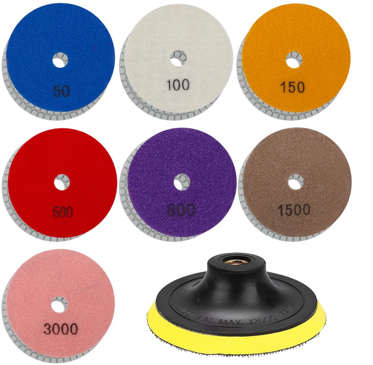 Diamant Polijstset - Met schuur- en polijstschijven en polijstpads met korrels 50/100/200/400/800/1000/1500/3000 - Voor Beton, Marmer, Graniet, Steen