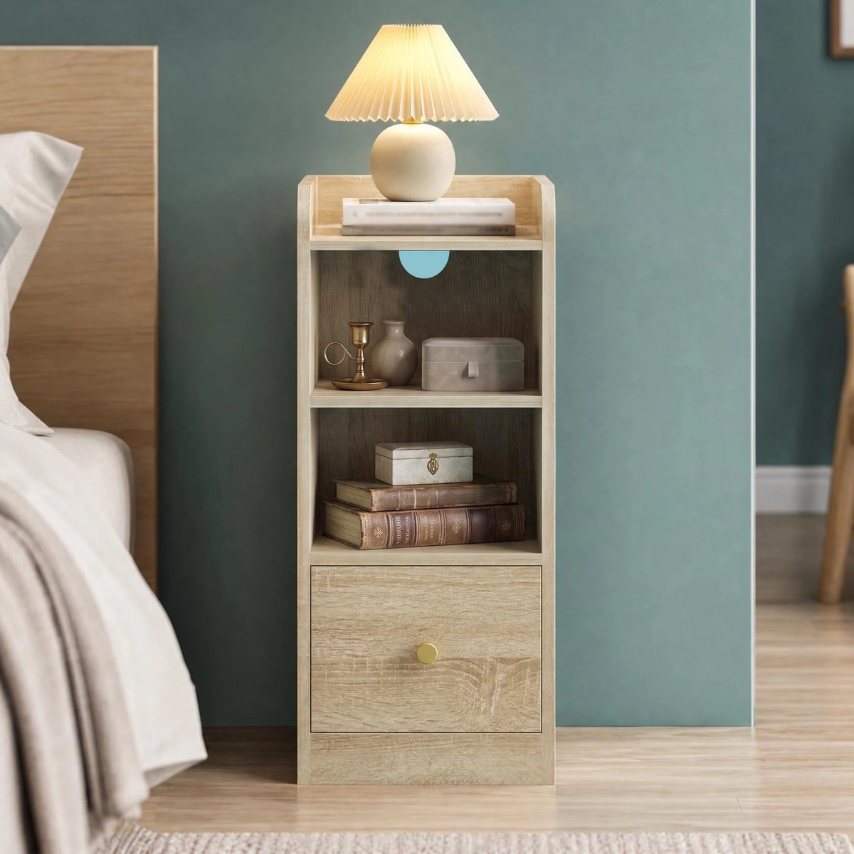 HILINSIE Nachtkastje Set van 2 met Oplaadstation, USB&Type C Poort, Smalle Eindtafel, 3 Tiers Opbergruimte met 1 Lade, Ruimtebesparend, opbergruimte op 3 niveaus met 1 lade