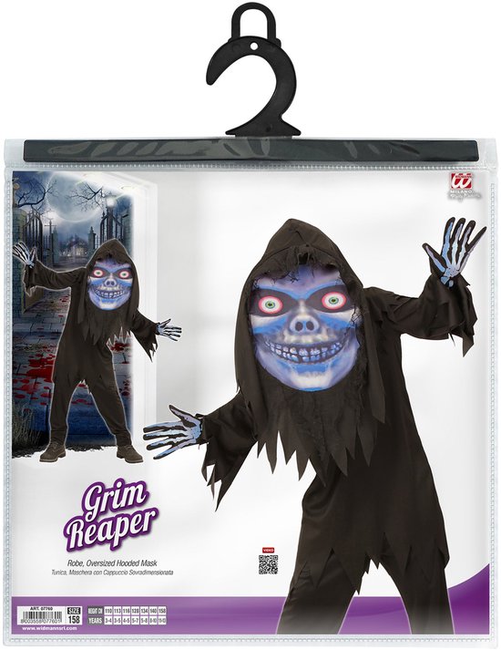 Grim Reaper kostuum: zwarte, gerafelde jurk met capuchon en griezelig masker met blauw gezicht en rode ogen.