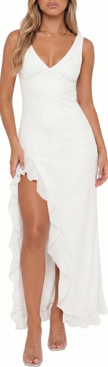 Maxi-jurk voor dames, sexy V-hals, mouwloze bodycon-jurken van mesh, elegante rugvrije lange jurk, casual hoge split ruches zoom vloeiende zomer bruiloft gastjurken dames avondjurk voor feest