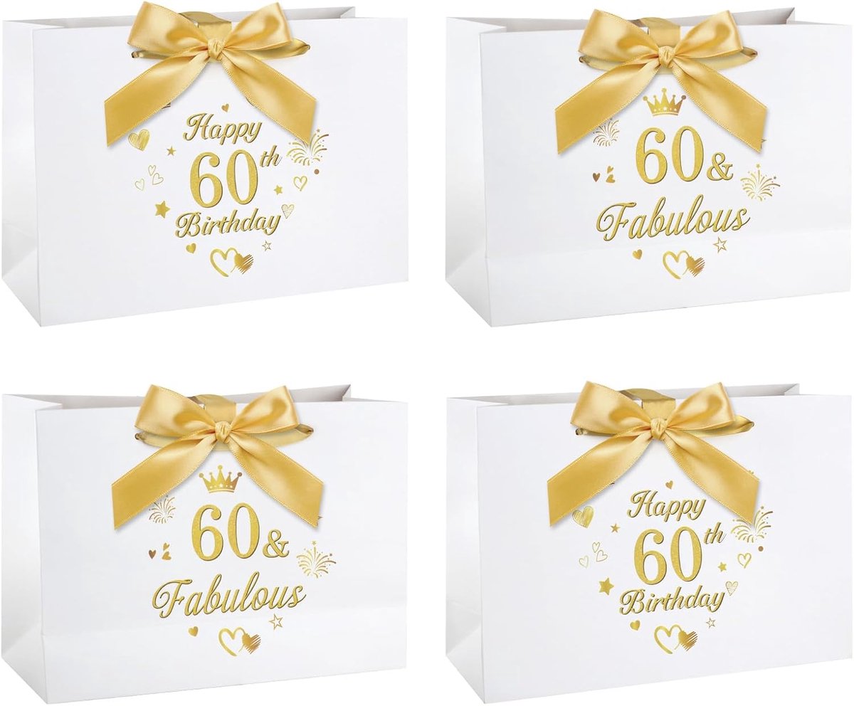 Cadeauzakjesset, 60e verjaardag, cadeauzakjes met lint, geschenkzakjes voor 60e verjaardag, met handvatten, 4 stuks, 30 x 21 x 10 cm, grote cadeauzakjes