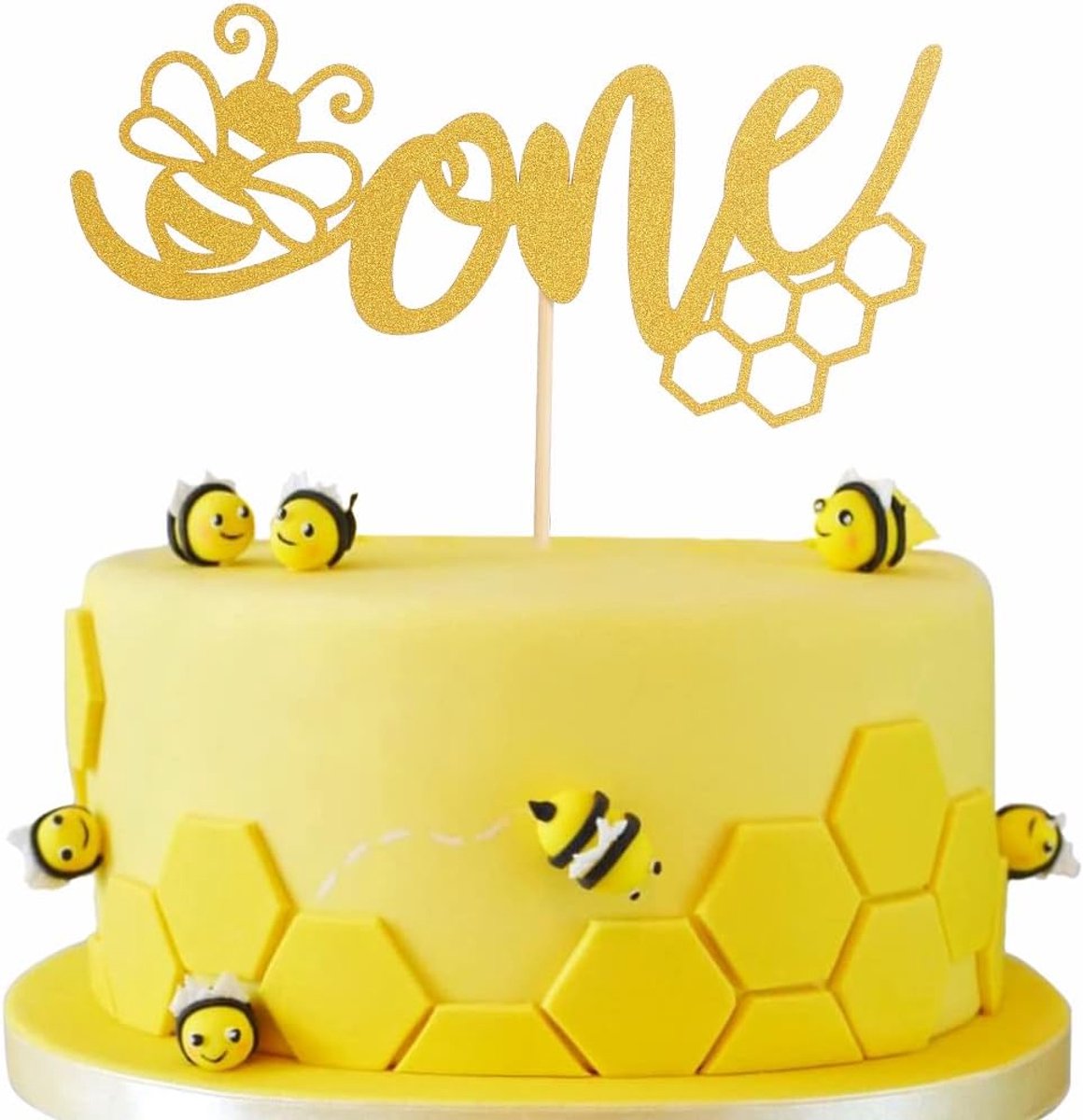OneBee CakeTopper - Goud Glitter Bumble Bee Een Verjaardagstoppers voor Geslacht Onthullen Baby Shower Party Decoraties, Gouden Honing 1e Verjaardag Topper