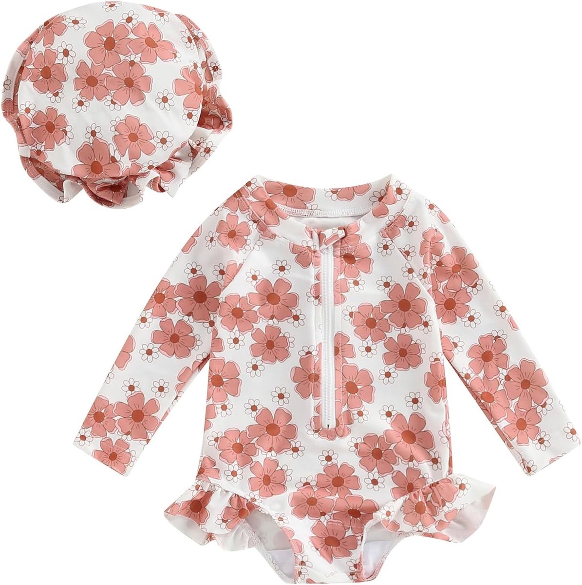 Badpak met lange mouwen en ruches met bloemenprint, uv-bescherming, met hoed (6 maanden tot 3 jaar)