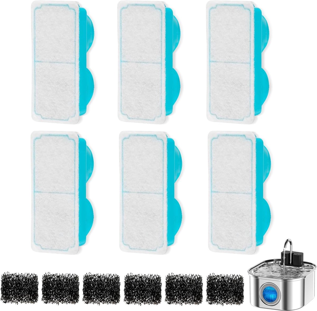 draadloos filter: 3,2 l drinkfontein voor katten roestvrij stalen filter, actieve kool-boom-ionsponsfiltratie (6 actieve filters + 6 schuimstoffilters)