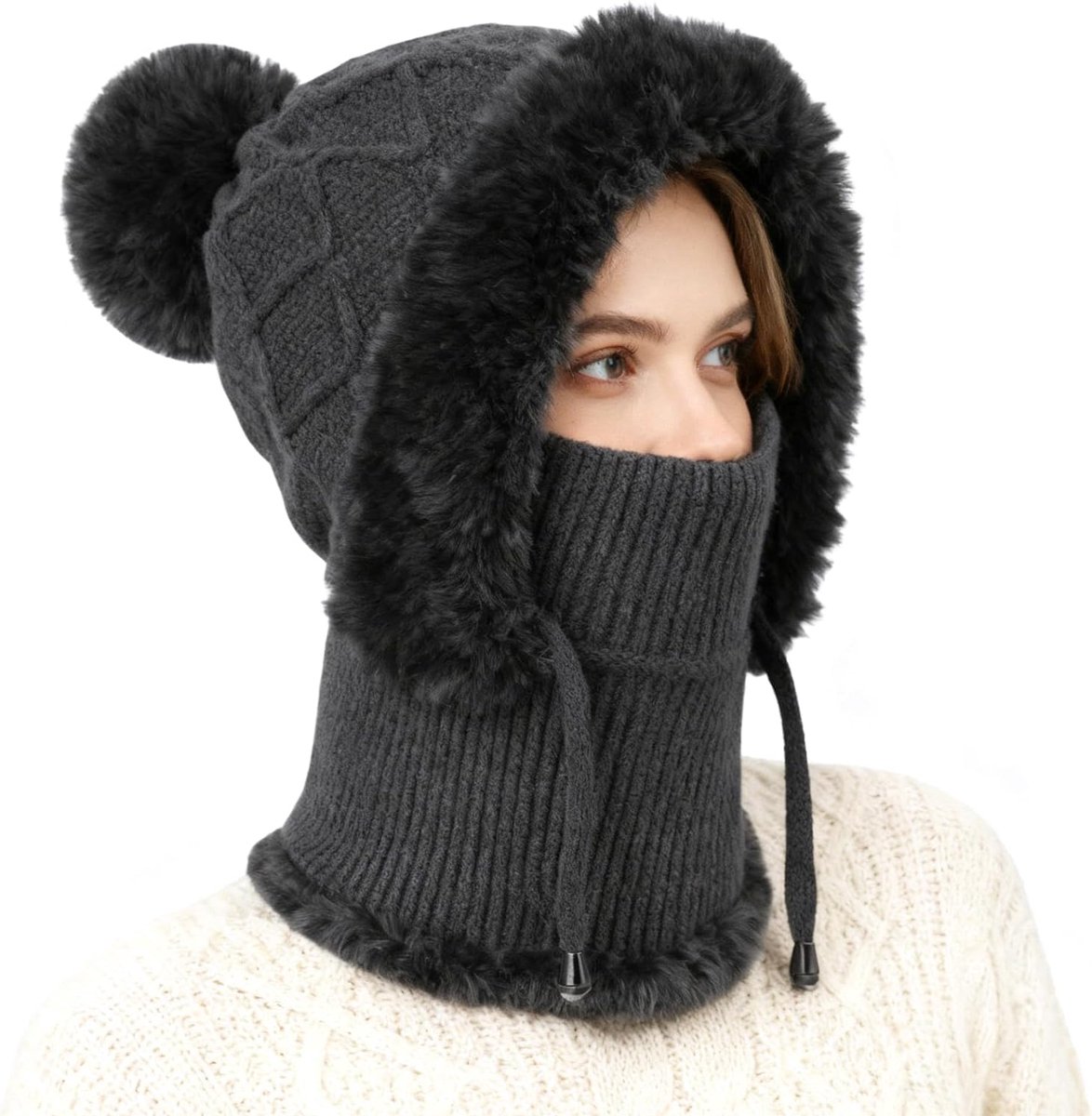 Bivakmuts voor dames, warme gebreide thermische muts, wintermutsen voor dames met fleecevoering, multifunctionele verstelbare wintermuts, fleece capuchon, snood met nekwarmer voor