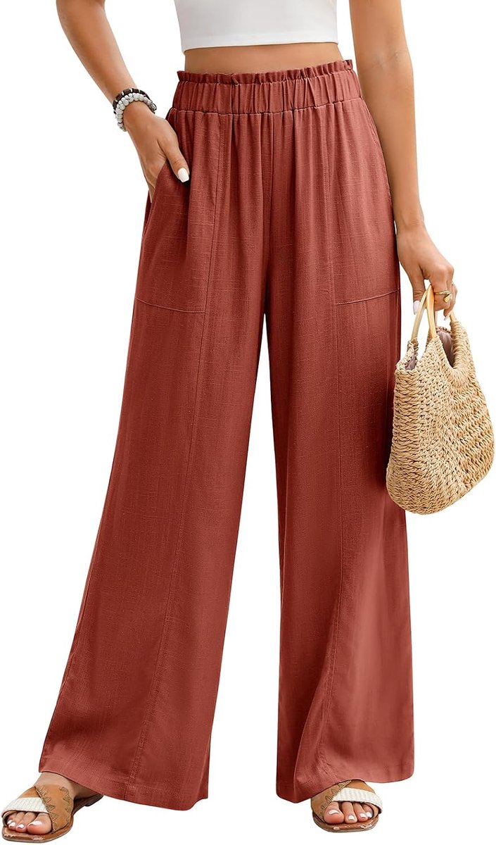 broek voor dames, zomerbroek, licht, brede pijpen, elastische taille, rekbaar, elegante zomerbroek, losse pasvorm, luchtige strandbroek, vrijetijdsbroek met zakken