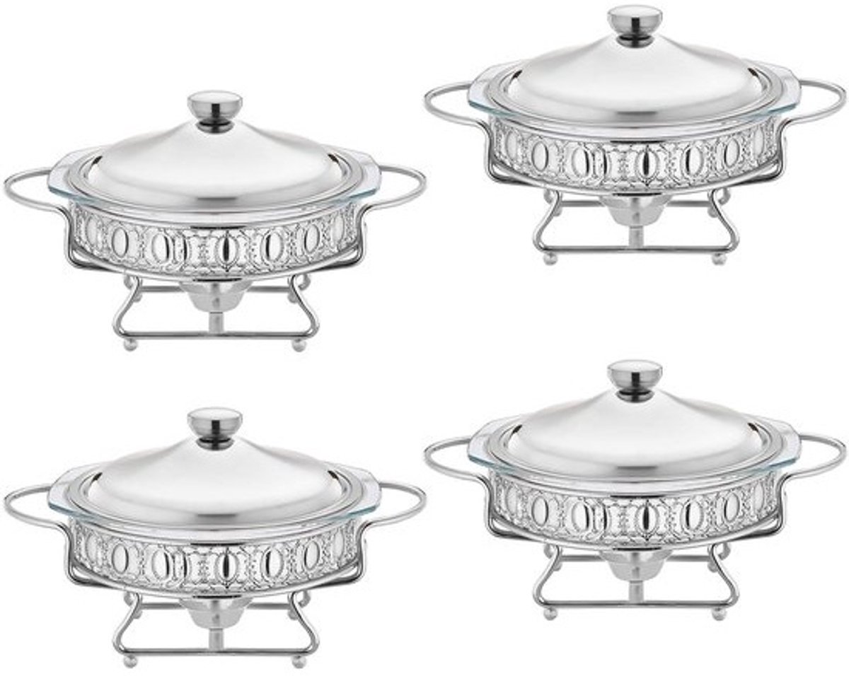 Chafing Dish Buffet Set 4 stuks - Ronde Gouden Buffet Warmer Chafers met Glazen Dienbladen voor Feesten, Bruiloften, Diners - Zilveren Buffet Warmers Sets