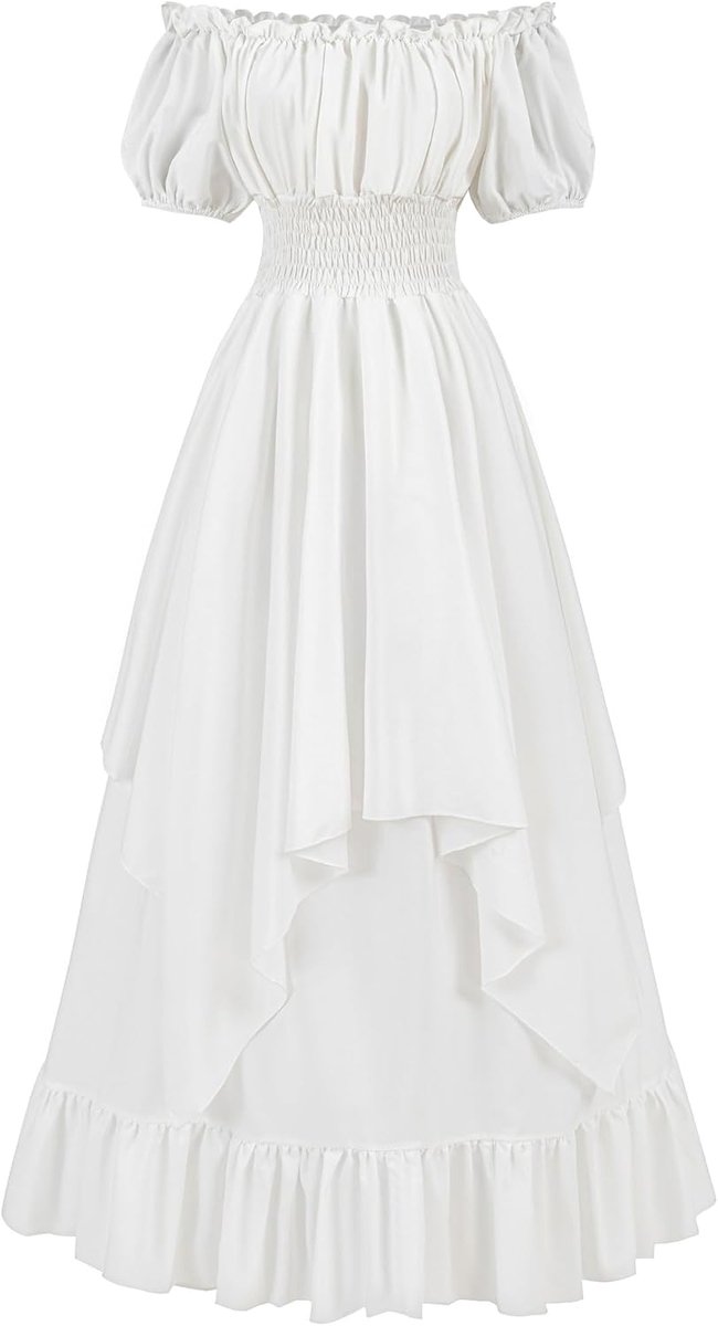 jurk voor dames, wit, elegante renaissancejurk met elastische taille, middeleeuwse kleding voor carnaval, historische feesten