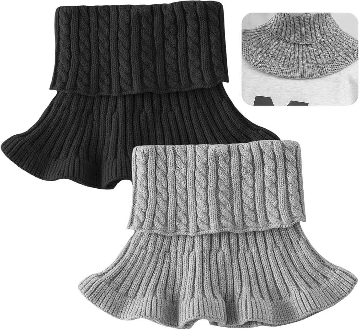 2 stuks colkraag voor dames, gebreide coltrui voor dames, zachte afneembare rolkraag, nep rolkraag in zwart en grijs, voor dates en dagelijkse outfits