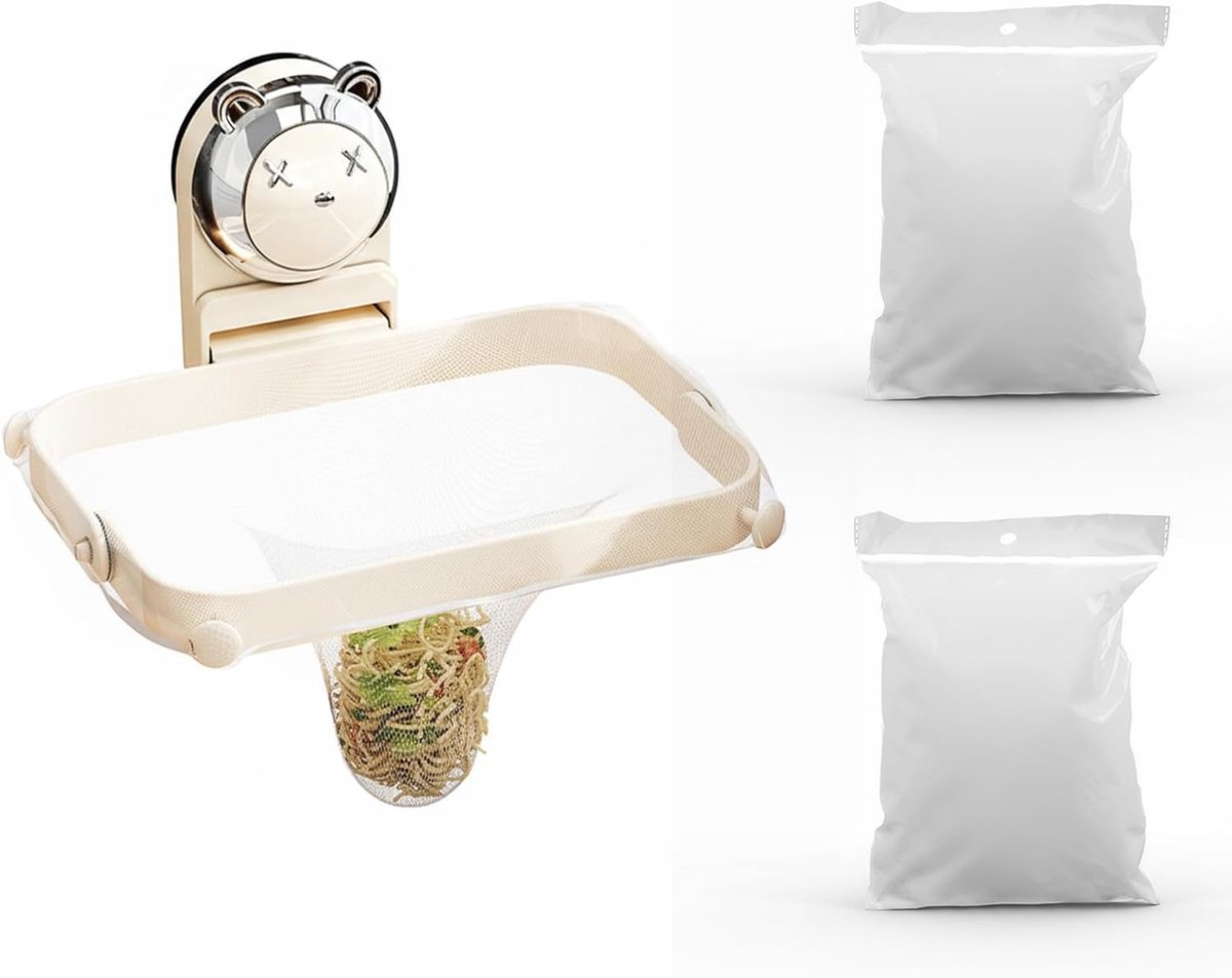 Zeef voor keukenspoelbak, 2-in-1 filter voor keukenafval met zuignap en 100 netvakken, inklapbaar afvoerfilter, afdruiprek voor gootsteen ter voorkoming van ophoping (beige)