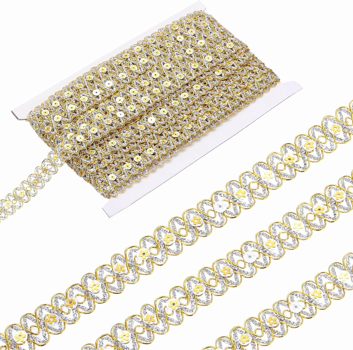 Paillettenlint, golvende gevlochten rand, platte pailletten, gevouwen lint met metallic glitter, kostuums, hoeden, goud en zilver.