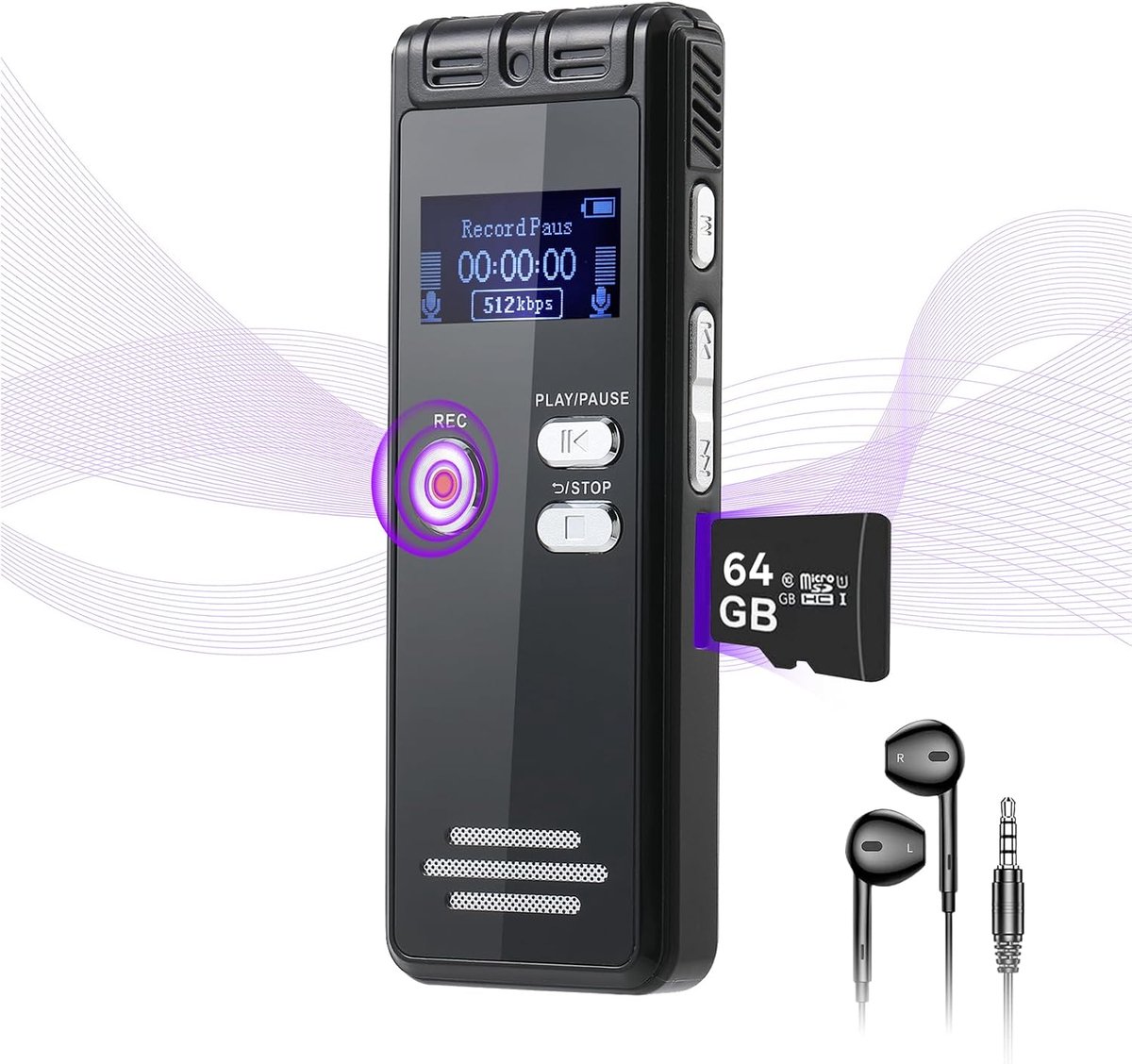 64G dicteerapparaat, opnameapparaat met afspelen - 1536 kbps dicteerapparaat, digitale voice recorder, type-C interface geluidsbandapparaat One-Touch-HD Dual MIC opnameapparaat voor lezingen