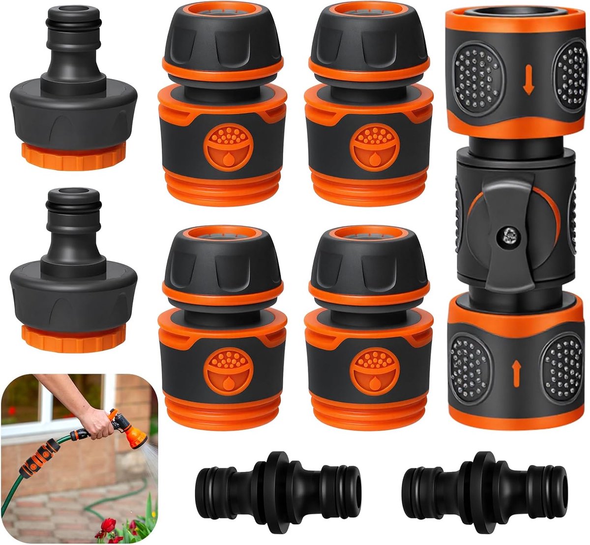 1/2 inch, 9 stuks slangaansluitingen 1/2 inch, 4 slangaansluitingen + 2 kraanaansluitingen + 2 dubbele tuinslangen voor tuinslangen, slangsproeiers, pistolen