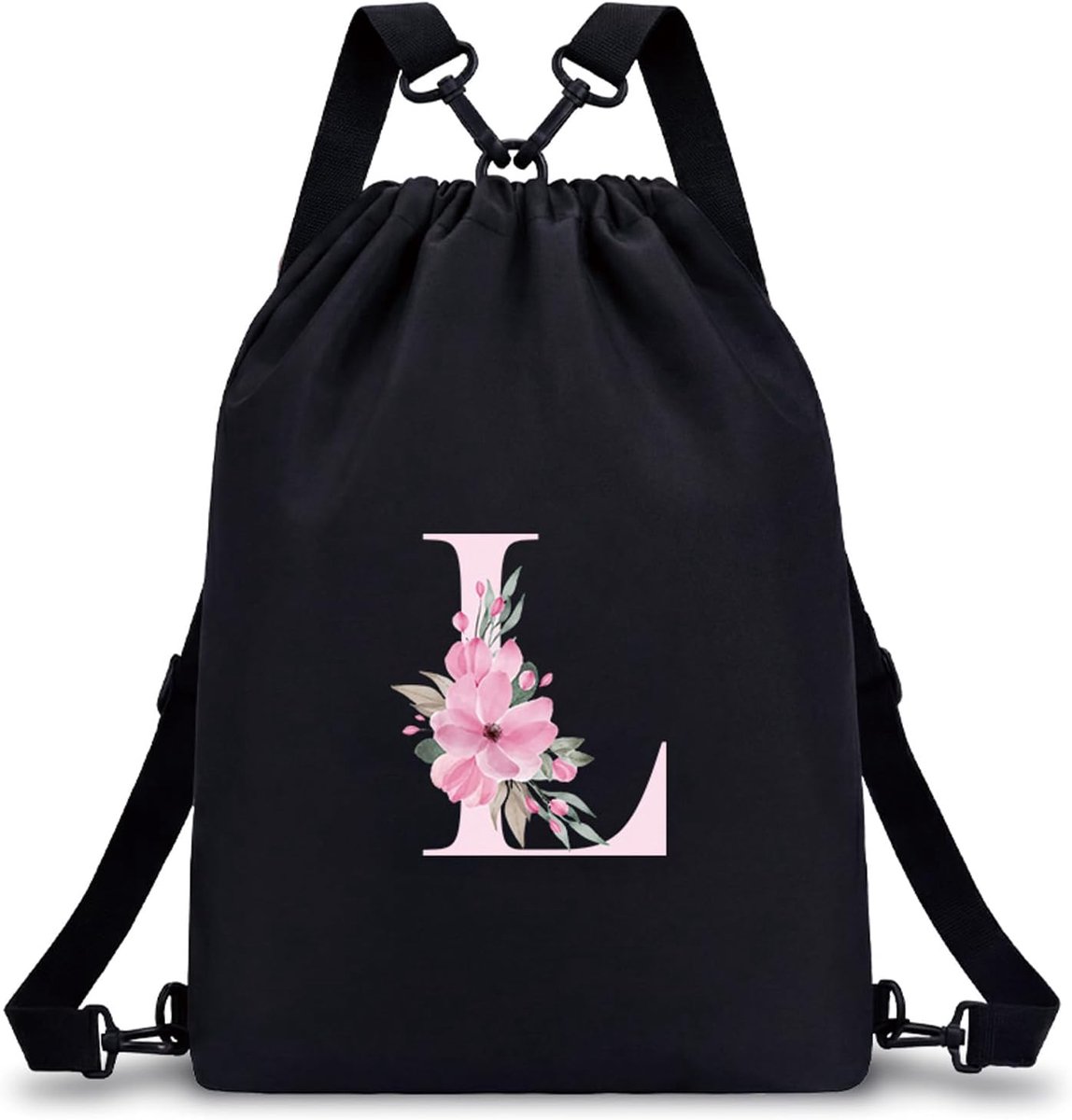 Gepersonaliseerde Initial Bloemen Trekkoord Tas voor Vrouwen, 4-in-1 Converteerbare Gym Rugzak (Rugzak/Crossbody/Schouder/Handheld), Waterbestendige Sport & Reisrugzak met Binnenzak,, Zwart, M