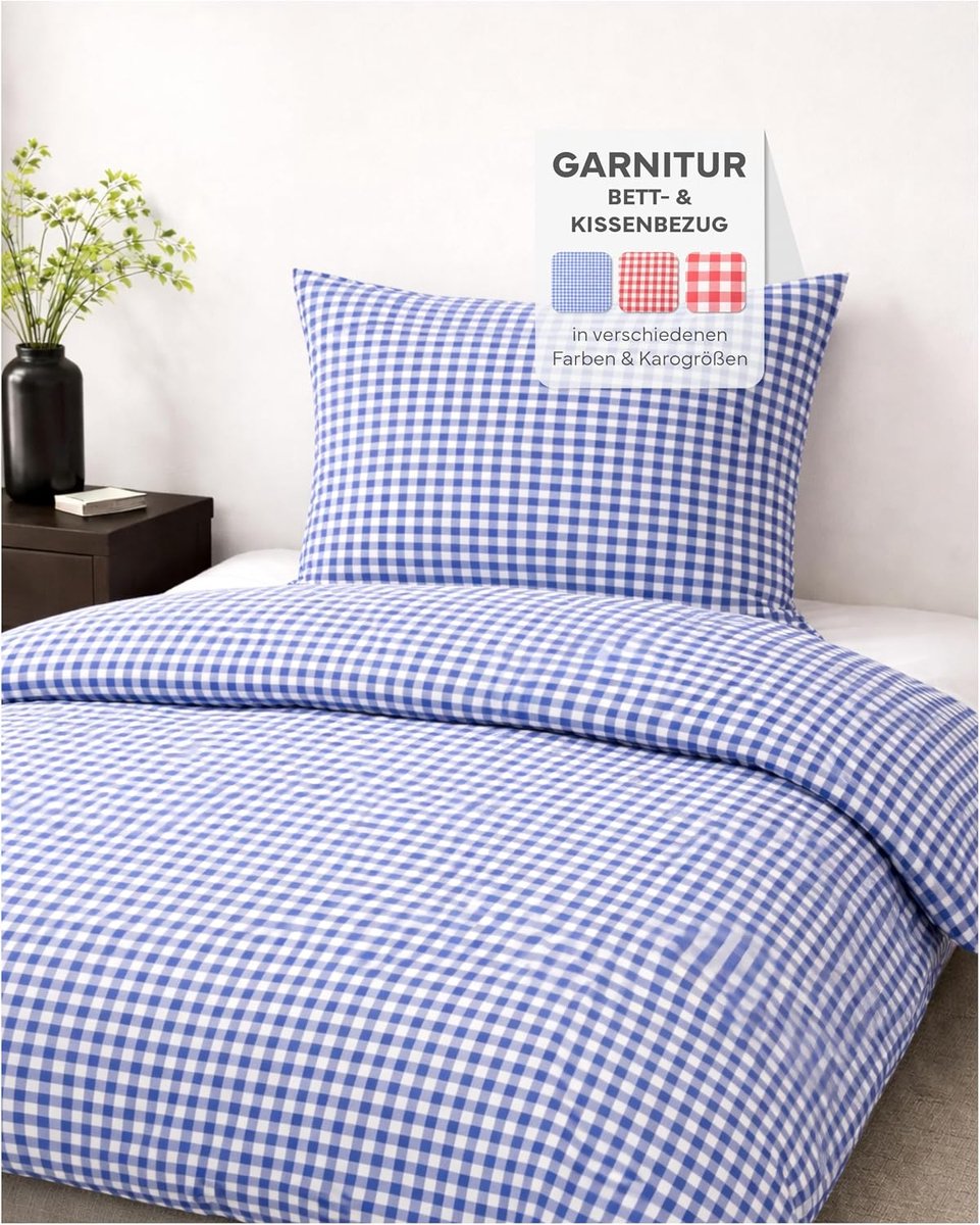 Beddengoed landelijke stijl met ritssluiting 100% katoen (blauw-wit geruit - 10mm, 135 x 200 cm + 80 x 80 cm)