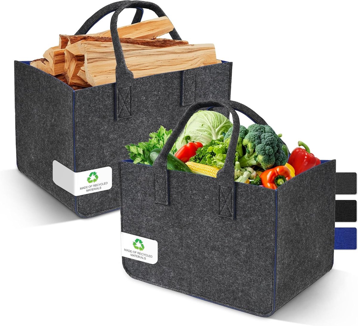 Boodschappenmand, vilten mand, 30 liter, XXL vilten tas, grote opvouwbare boodschappentas met handvatten - robuuste draagmand van 4 mm vilt, boodschappentas (2 stuks, donkergrijs en blauw)
