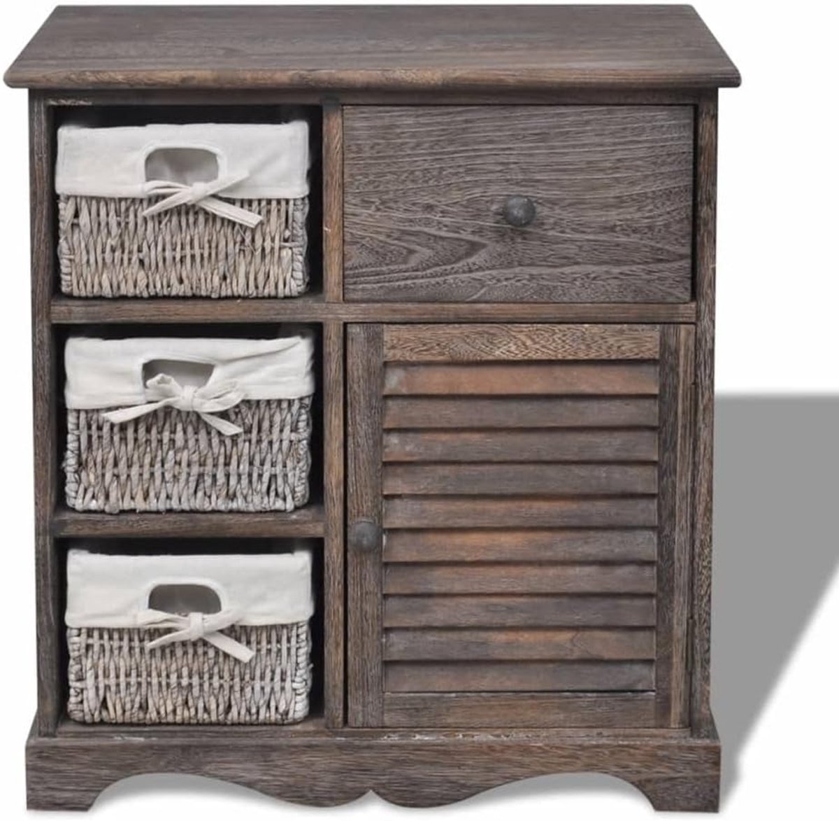Commode met 3 manden bruin - kleine kast van hout met mandenrek voor opslag, landelijke stijl, inclusief wandhouder voor beveiliging