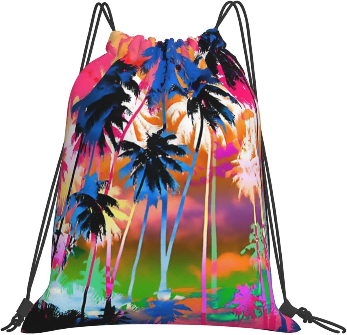 Trekkoord Rugzak Kleurrijke Tropische Bomen Trekkoord Zakken Trekkoord Rugzak Sport Gym String Tas Voor Vrouwen Mannen Rugzakken Training Yoga Tassen, Zwart, Eén maat