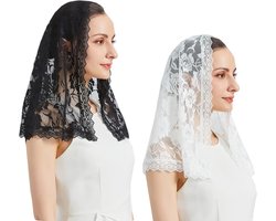 Mantilla Veil Soft and comfortable 7 Colors Spanish Style Rose Lace Veil Head Covering D Shape (2pcs Black&white)