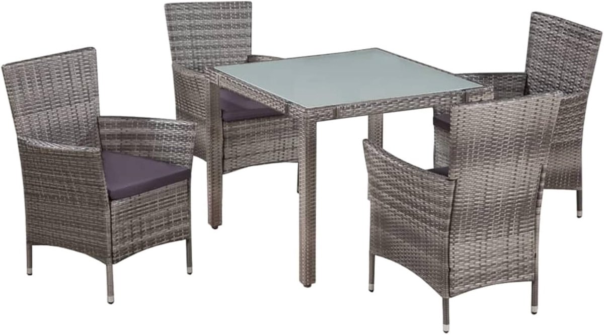 5-delige eetkamerset voor de tuin, voor buiten, van polyrotan, grijs, glas, tuinmeubelset van rotan, tafel en 4 tuinstoelen, set tafel en stoelen voor de tuin