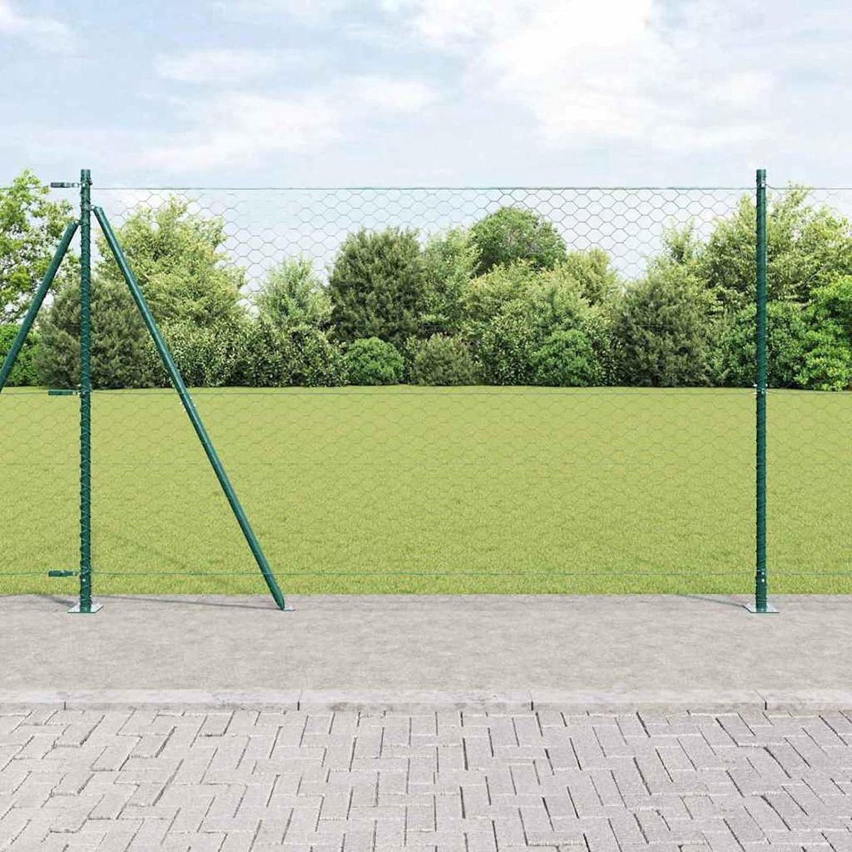 Hekset 2-delige set groen gepoedercoat staal 25 x 1,5 m, hekpalen tuinhekken draadomheining voor tijdelijke hekken, groentebedden, kippenren weideperceel 3353531