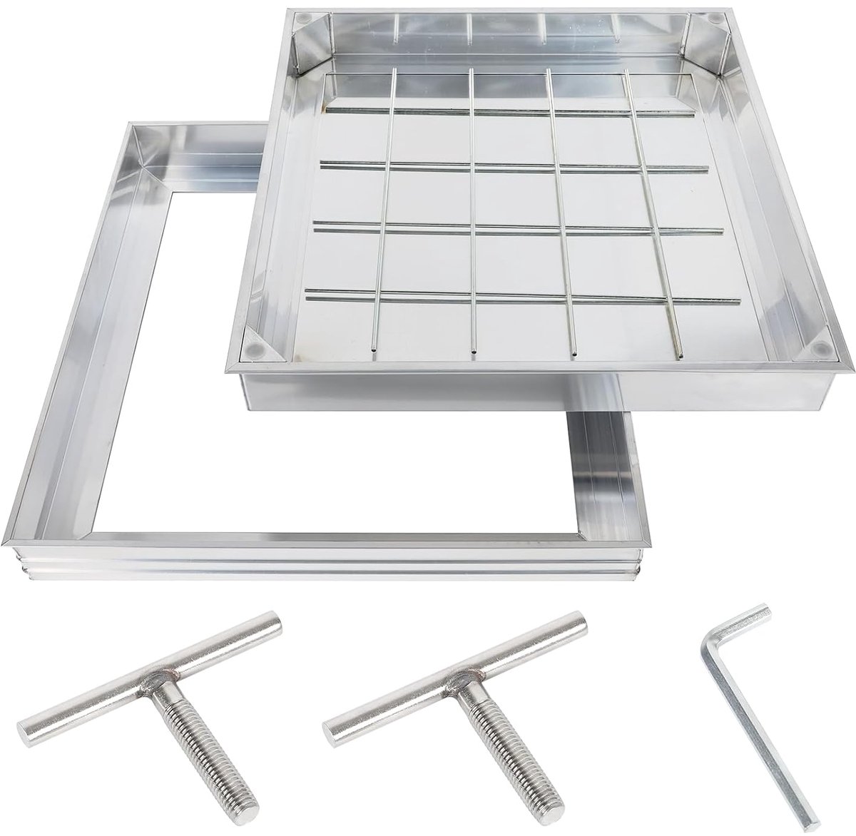 Schachtafdekking en frame aluminium, ingebedde schachtdeksel, onzichtbaar, kanaaldeksel, kan worden uitgepleegd, vierkant, inspectiedeksel voor tuin, binnenplaats (zilver, 300 x 300 x 55 mm)