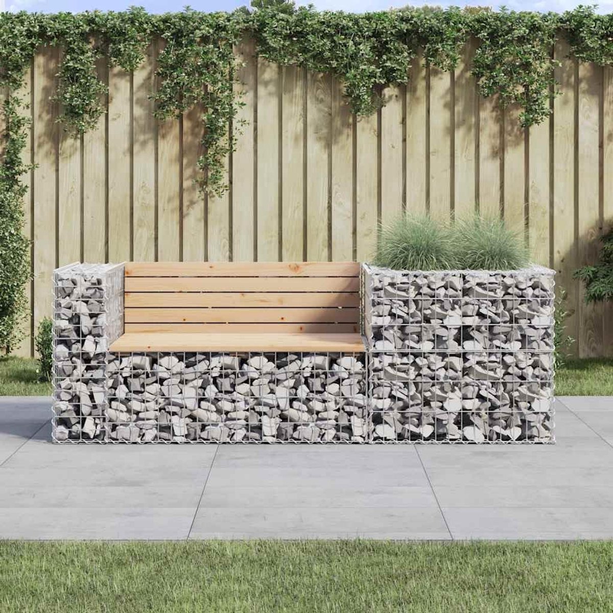 Tuinbank met schanskorf van massief grenenhout en verzinkte stalen mand voor stenen vulling, smalle compacte zitgelegenheid voor terras en buiten, stabiele rustieke