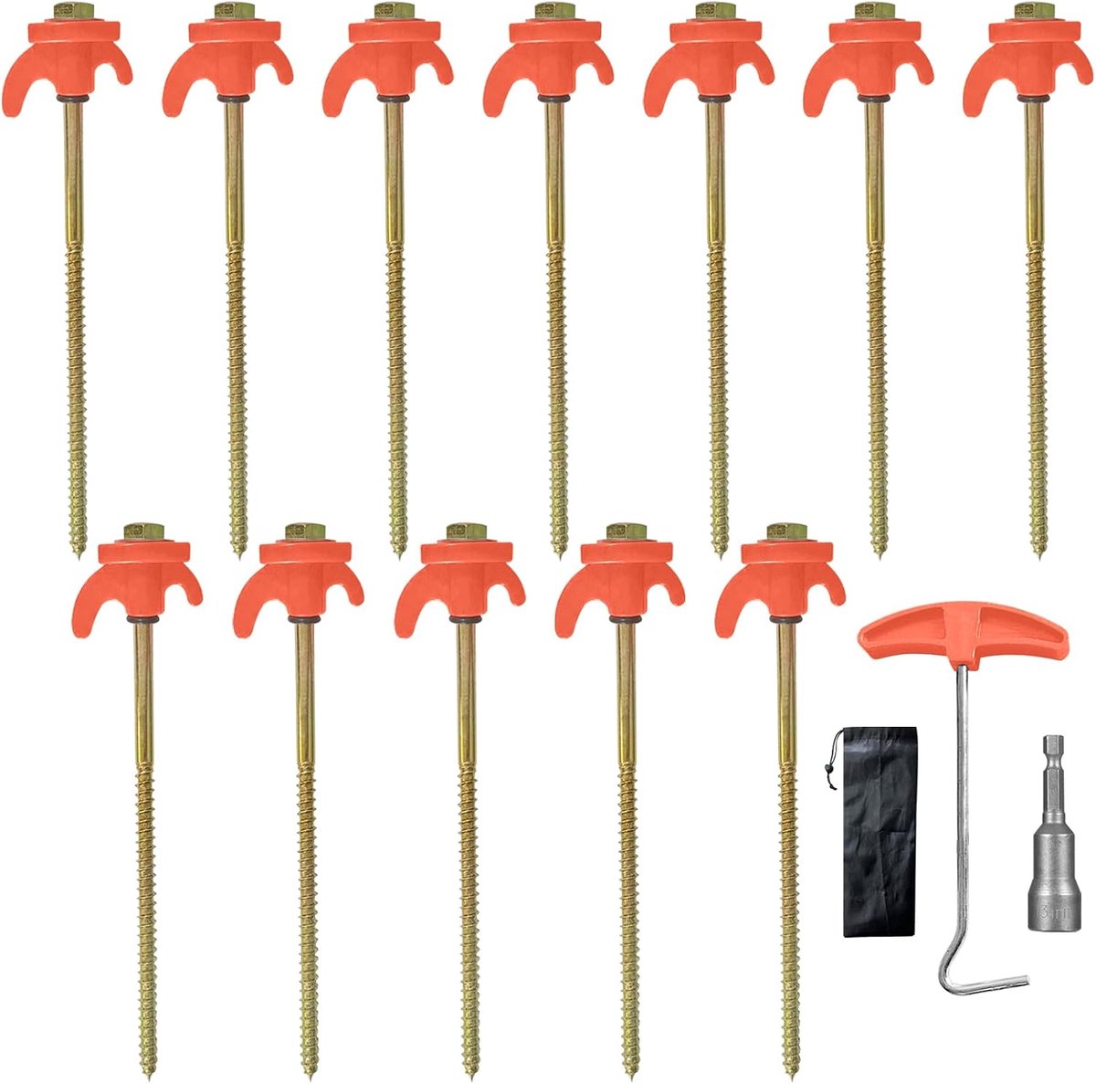 12 Stuks Tentbouten met Schroefdraad, in Staal met 1 Onttrekker, Trekzak & 1 Adapter, voor Veilig Grondwerk op Rots, Gras en Bos tijdens Kamperen, Omgevingen