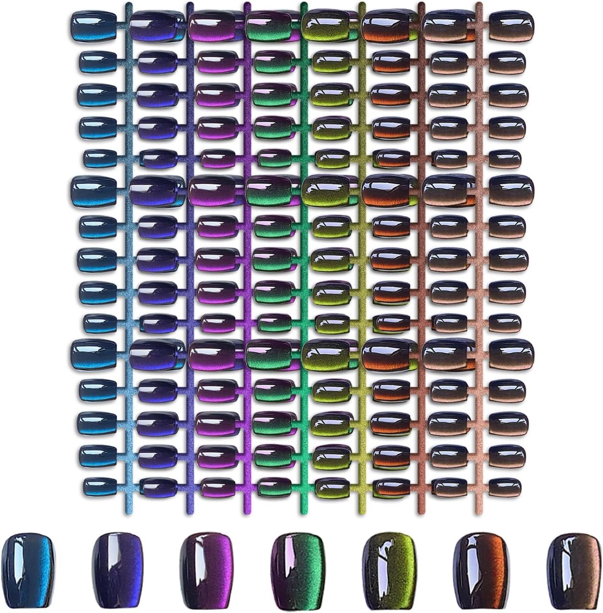 210 Stuks Press On Nails Kort - 7 Kleuren 15 Maten Cat Eye Kunstnagels Vierkant voor Dames (Dark Retro)